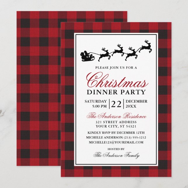 Red Kariert Reindeh Weihnachtsessen Party Einladung (Vorne/Hinten)