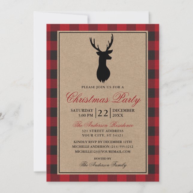 Red Kariert Rustic Christmas Party Kraft Einladung (Vorderseite)