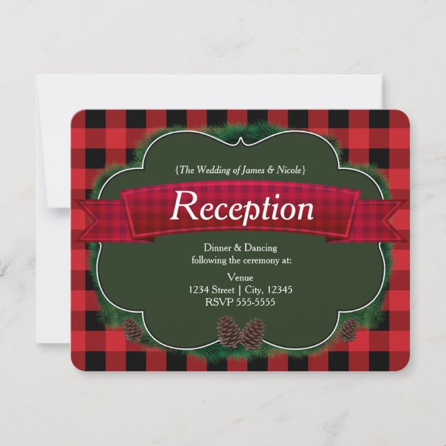 Red Kariert Rustic Country Wedding Empfang Card Einladung (Vorderseite)