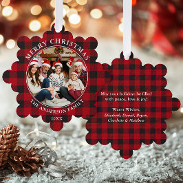 Red Kariert Rustic Frohe Weihnachten Foto Ornament Karte