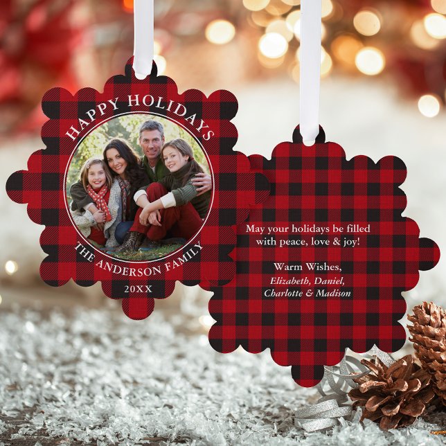 Red Kariert Rustic Happy Holidays Foto Ornament Karte (A greeting card that is also an ornament! Customize with your photo and personalized text.)
