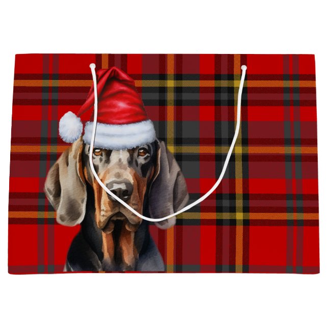 Red Kariert Tan und Black Coonhound Lover Holiday Große Geschenktüte (Vorderseite)