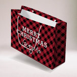 Red Kariert Tartan Name Christmas Große Geschenktüte<br><div class="desc">Moderne Weihnachtsgeschenktasche mit rustikalem,  kariertem Tartan-Muster,  den Frohen Festtagen "MERRY CHRISTMAS" und dem Empfängernamen in einem eleganten Script-Schriftart.</div>