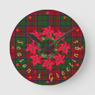 Red Kariert Tartan Poinsettia Weihnachten Runde Wanduhr