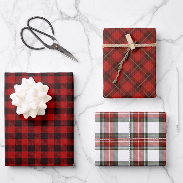 Red Kariert Trio Geschenkpapier Set (Vorderseite)