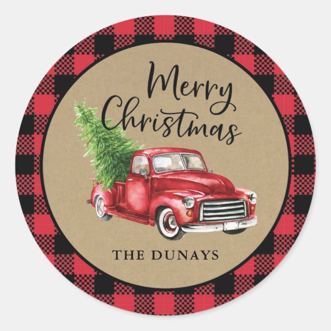 Red Kariert Truck Weihnachtsaufkleber Runder Aufkleber (Vorderseite)