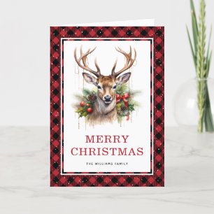 Red Kariert Watercolor Deer Frohe Weihnachten
