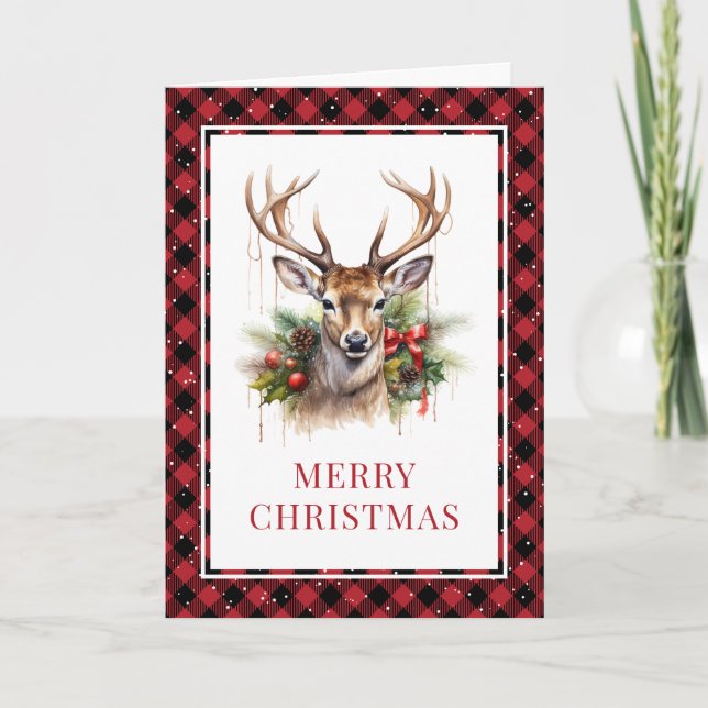 Red Kariert Watercolor Deer Frohe Weihnachten (Vorderseite)