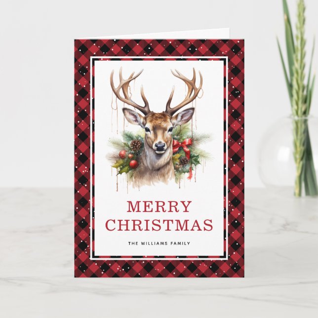 Red Kariert Watercolor Deer Frohe Weihnachten Foto (Vorderseite)