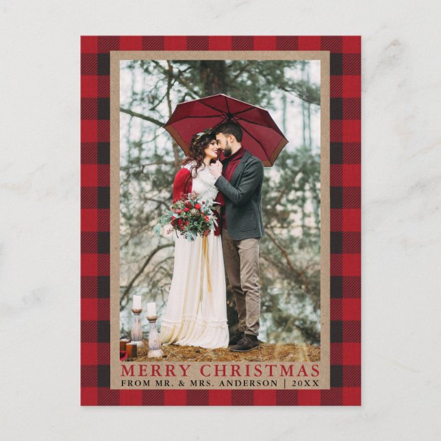 Red Kariert Wedding Foto Merry Christmas Kraft Postkarte (Vorderseite)