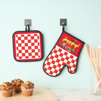 Red Karo Koch Ofenhandschuh & Topflappen-Set