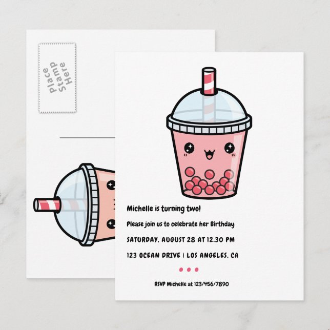 Red Kawaii Bubble Tee Geburtstagsparty Postcard Postkarte (Vorne/Hinten)