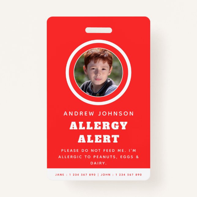 Red Kid Student Foto Food Allergy Alert Emergency Ausweis (Vorderseite)