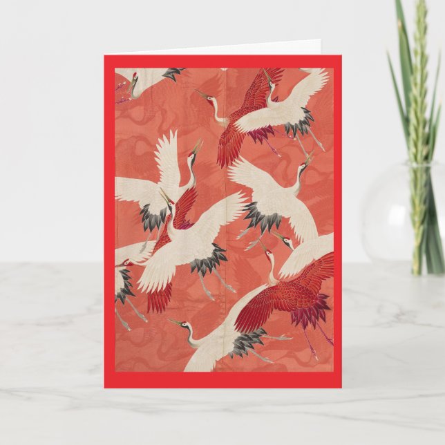 Red Kimono Flying Cranes kundenspezifisch Gold Dankeskarte (Vorderseite)