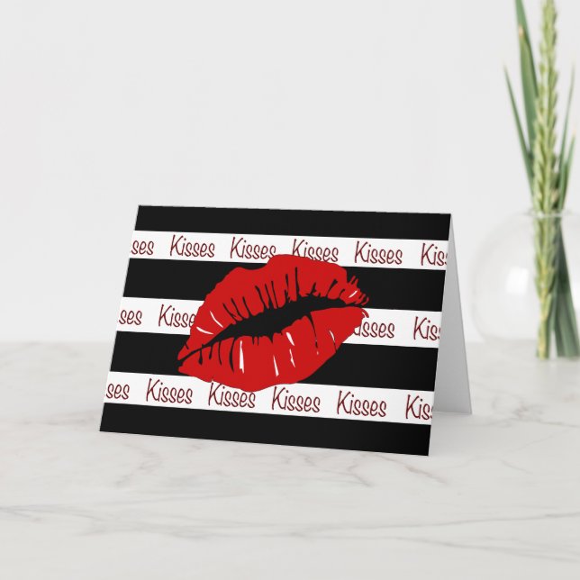 Red Kiss Lips B/W Stripes Grußkarte Karte (Vorderseite)