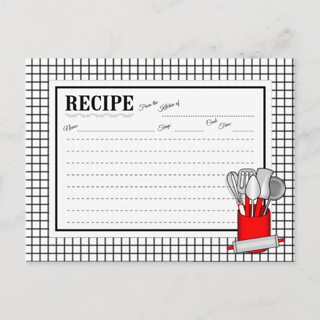 Red Kitchen Utensil Caddy Rolling Button Rezeptkar Postkarte (Vorderseite)