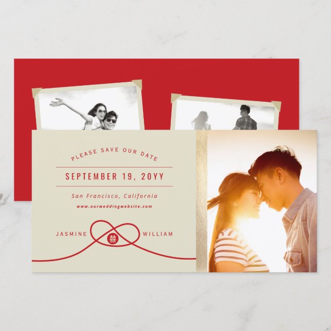 Red Knot Double Happiness Chinesisches Hochzeitsfe Save The Date (Vorne/Hinten)