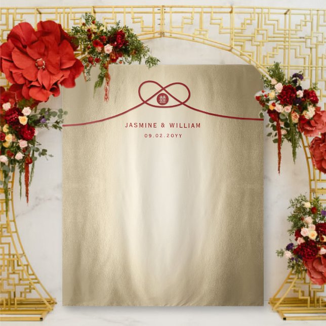 Red Knot Double Happiness Wedding Foto Hintergrund Wandteppich (Red Knot on Gold Double Happiness Chinese Wedding Photo Backdrop Tapestry @ fatfatin_red_knot)