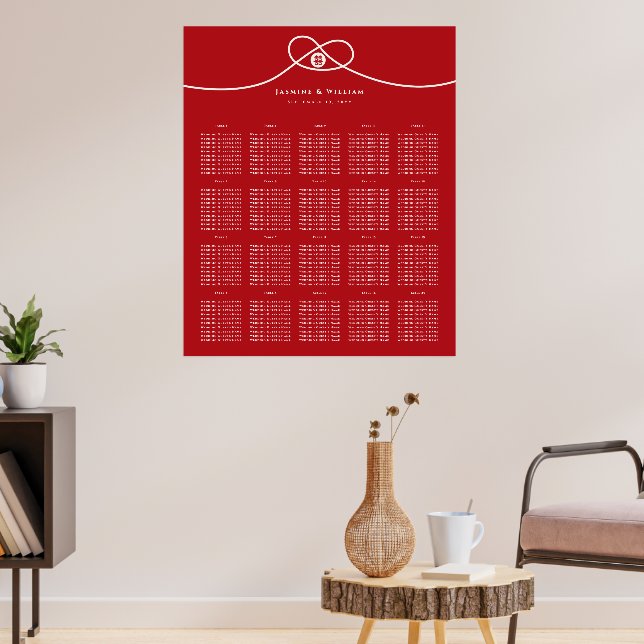 Red Knot Double Happy Wedding Seating Chart Poster (Wohnzimmer 3)