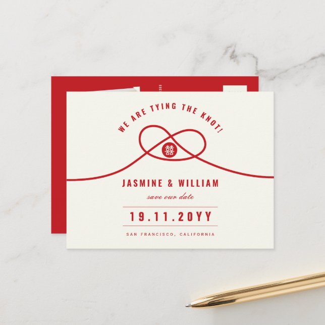 Red Knot Double Xi chinesische Hochzeit speichern  Ankündigungspostkarte (Vorderseite/Rückseite Beispiel)