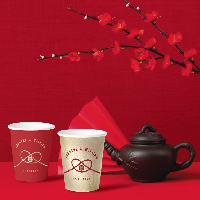 Red Knot Gewerkschaft Double Happiness Chinesische Pappbecher (Gold/Red Knot Union Double Happiness Minimalist Chinese Wedding Party Paper Cups @ fatfatin_red_knot)