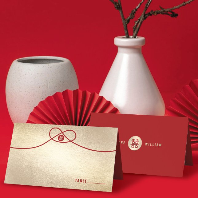 Red Knot Gewerkschaft Double Happiness Chinesische Platzkarte (Red/Gold Knot Union Double Happiness Modern Stylish Chinese Wedding Place Card @ fatfatin_red_knot)