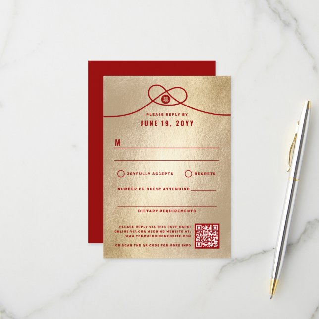 Red Knot Gewerkschaft Double Happiness Chinesische RSVP Karte (Vorderseite/Rückseite Beispiel)