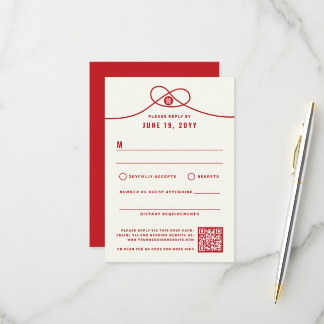 Red Knot Gewerkschaft Double Happiness Chinesische RSVP Karte (Vorderseite/Rückseite Beispiel)