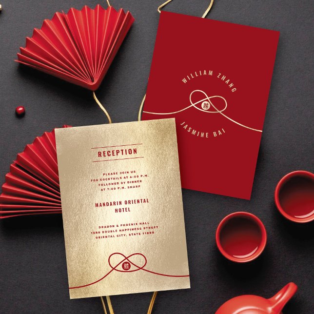 Red Knot Gewerkschaft Double Xi chinesische Hochze Einladung (Gold/Red Knot Union Double Happiness Modern Chinese Wedding Reception Invitation @ fatfatin_red_knot)
