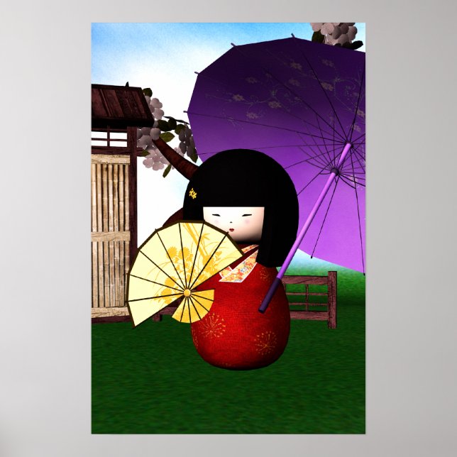 Red Kokeshi Doll Art Poster (Vorne)