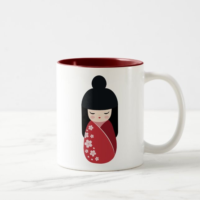 RED Kokeshi Doll - Niedliches japanisches Geisha G Zweifarbige Tasse (Rechts)