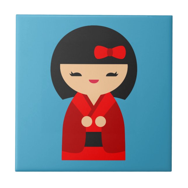 Red Kokeshi Japanische Puppen Fliese (Vorderseite)
