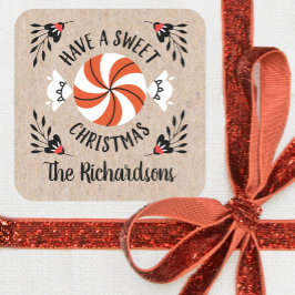 Red Kraft Christmas Peppermint Candy Gift Tags Quadratischer Aufkleber