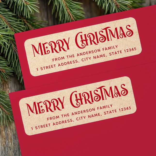 Red Kraft festive Frohe Weihnachtsfeier Rücksendea (Red Kraft festive Merry Christmas return address Label)