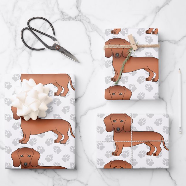 Red Kurz Hair Dackel Niedlich Hunde Muster & Pfote Geschenkpapier Set (Vorderseite)