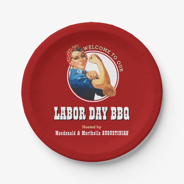 Red LABOR DAY GRILLEN Rosie Riveter Pappteller (Vorderseite)