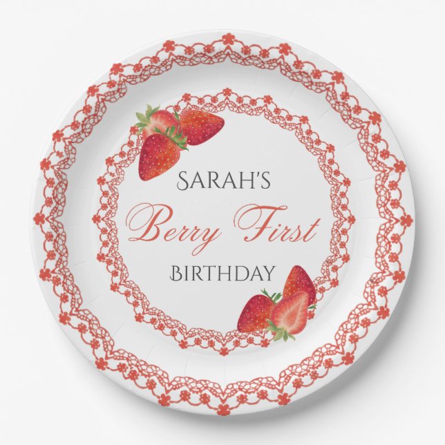 Red Lace Berry First Birthday Pappteller (Vorderseite)