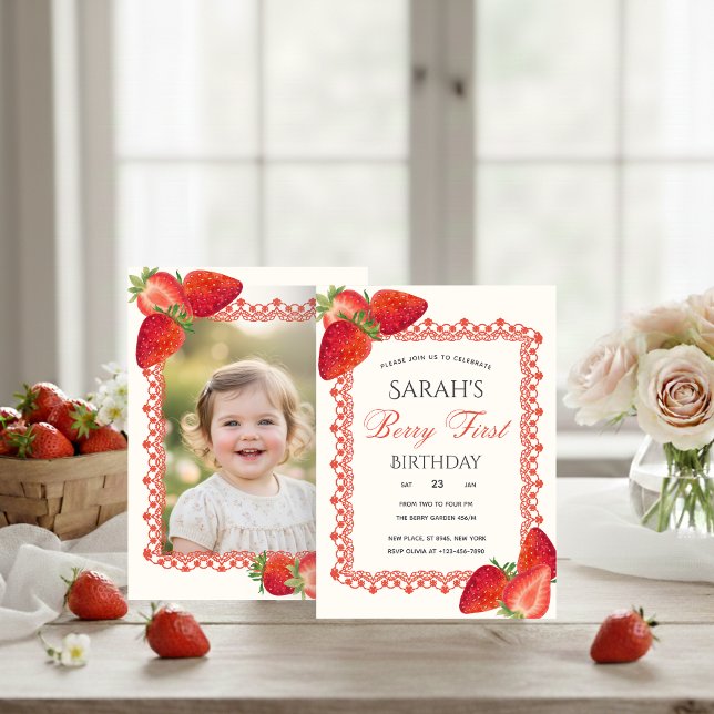 Red Lace Berry First Birthday Photo Invitation (Créateur téléchargé)