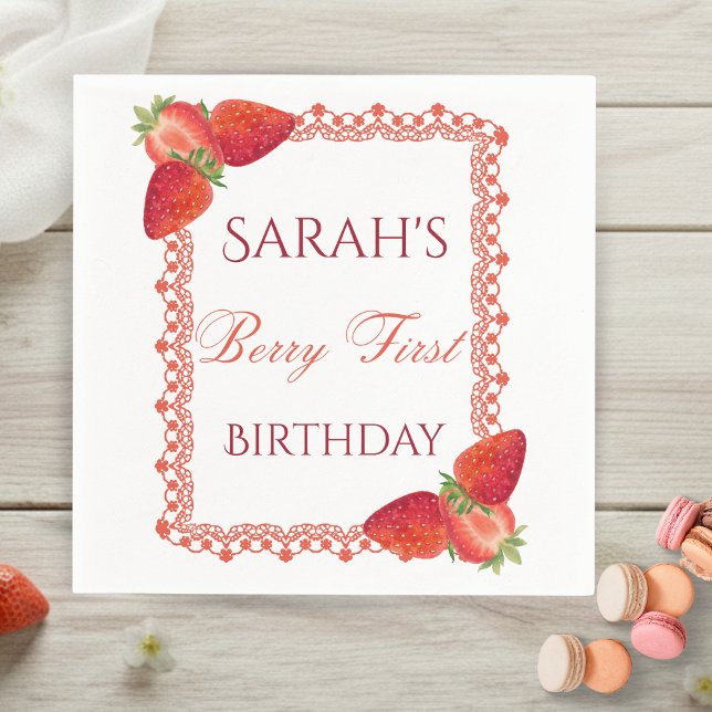 Red Lace Berry First Birthday  Serviette (Red Lace Berry First Birthday Napkins)