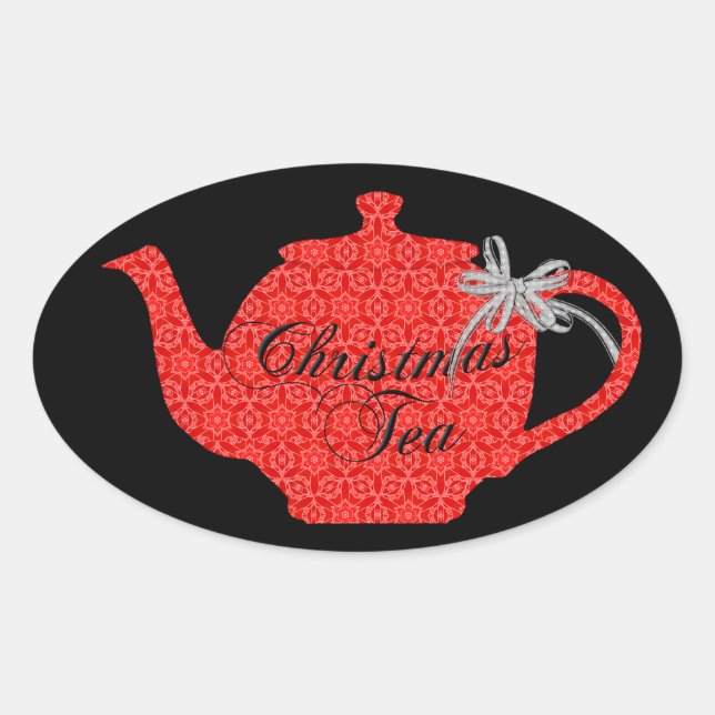 Red Lace Christmas Teapot Tee Party Ovaler Aufkleber (Vorderseite)