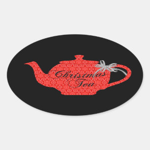 Red Lace Christmas Teapot Tee Party Ovaler Aufkleber