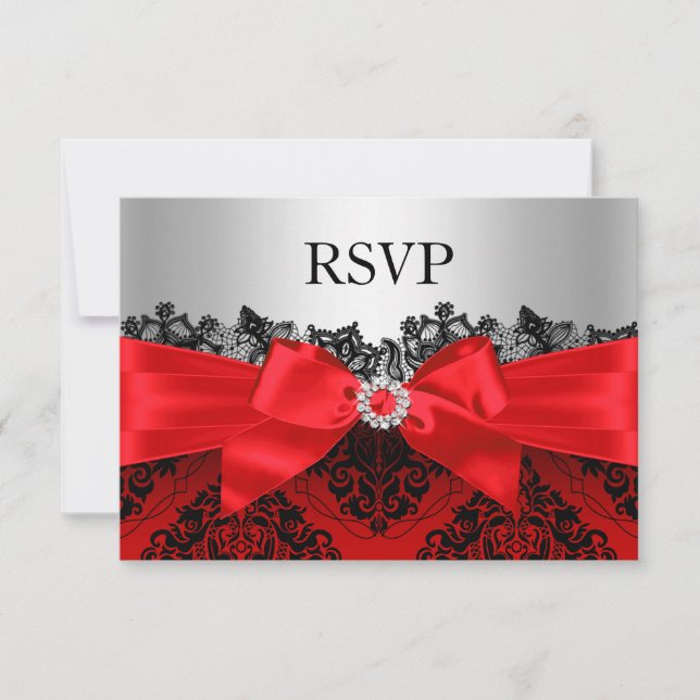 Red Lace Damask & Bow UAWG RSVP Karte (Vorderseite)