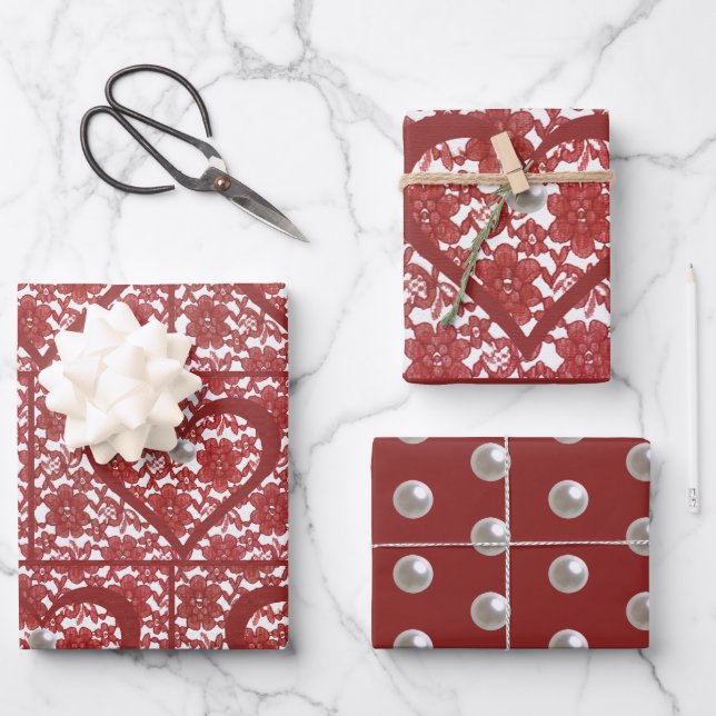 Red Lace Pattern Valentine Geschenkpapier Set (Vorderseite)