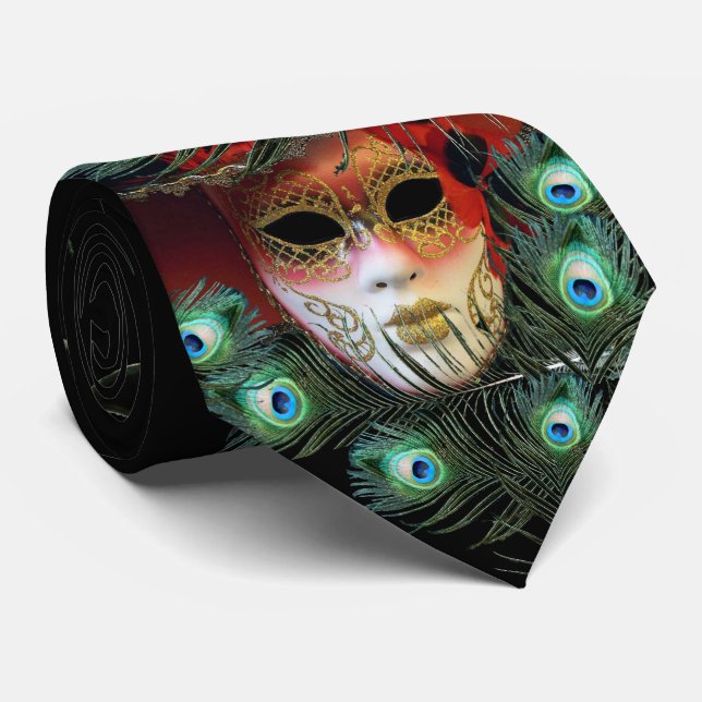 RED LADY AND JESTER MASK with PEACOCK FEATHERS Krawatte (Gerollt)