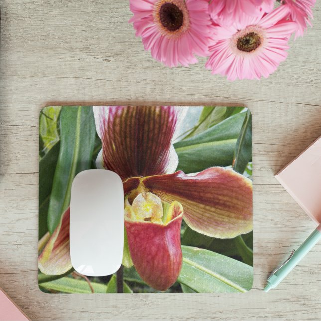 Red Lady Slipper Orchid Floral Mousepad (In Situ)