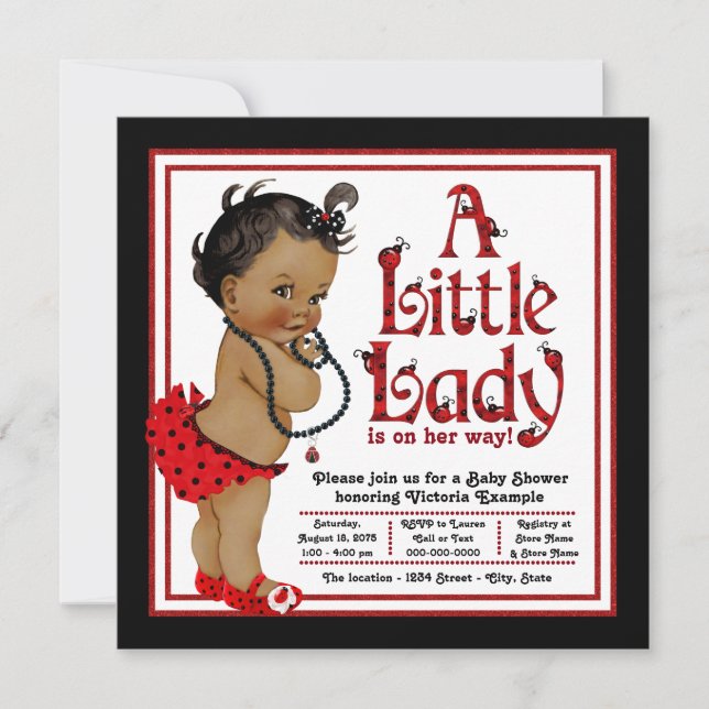 Red Ladybug African American Girl Baby Dusche Einladung (Vorderseite)