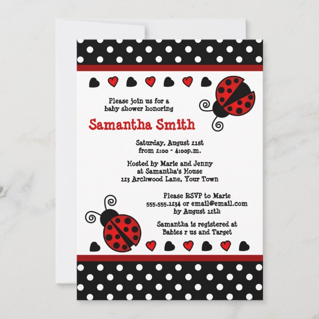 Red Ladybug Baby Shooter Black and White Polka Dot Einladung (Vorderseite)
