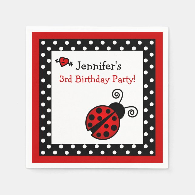 Red Ladybug Birthday - Schwarze und weiße Polka Do Serviette (Vorderseite)