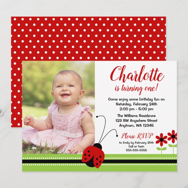 Red Ladybug Girl Birthday Foto Einladungen (Vorne/Hinten)