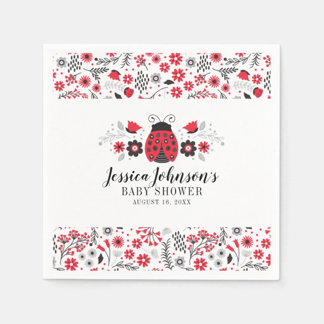 Red Ladybug Personalisiert Girl Floral Baby Dusche Serviette (Vorderseite)